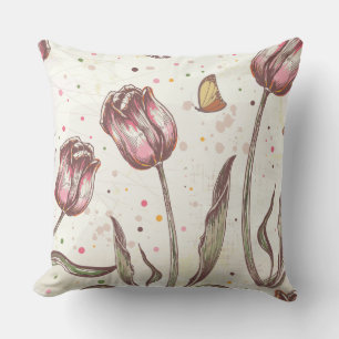 Vintage Tulips and Butterflies Throw Pillow
