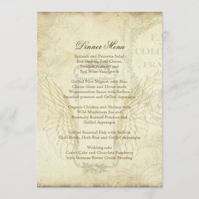 Vintage Tulips Angel Wings Swirl Tea Stained Menu (Front)