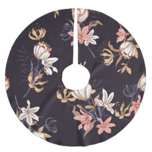 Vintage tulips, dark purple background brushed polyester tree skirt