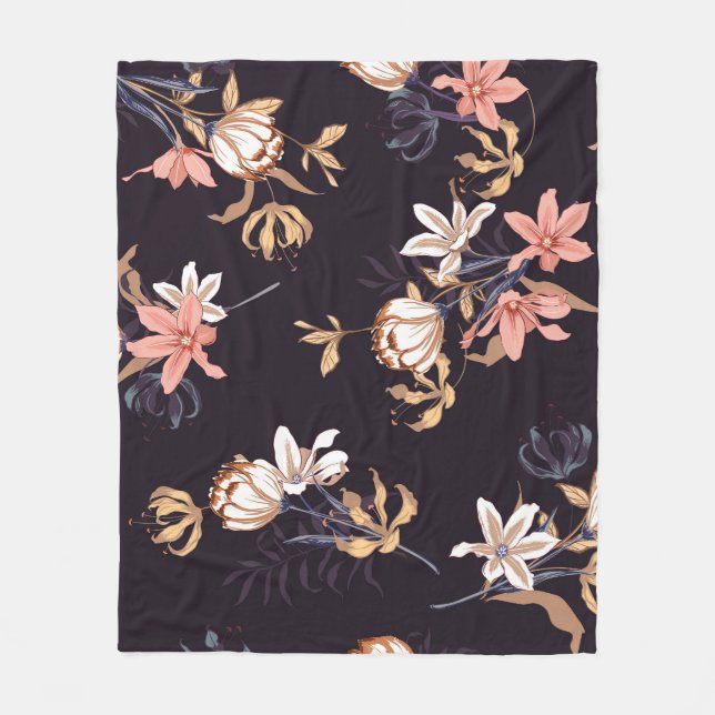Vintage tulips, dark purple background fleece blanket (Front)