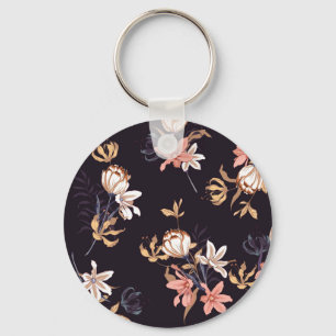 Vintage tulips, dark purple background key ring
