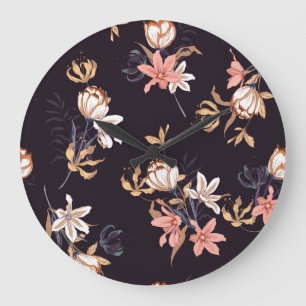 Vintage tulips, dark purple background large clock