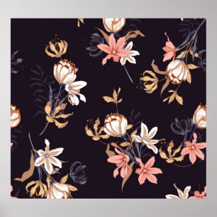 Vintage tulips, dark purple background poster