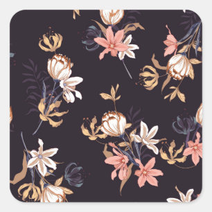 Vintage tulips, dark purple background square sticker