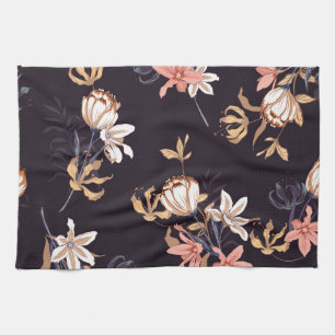 Vintage tulips, dark purple background tea towel