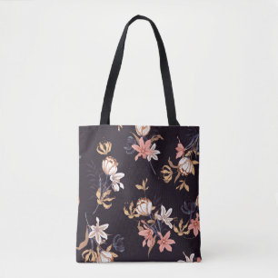 Vintage tulips, dark purple background tote bag