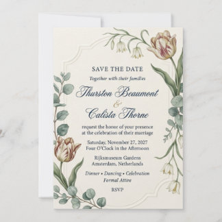 Vintage Tulips, Eucalyptus, Scalloped Border Frame Invitation