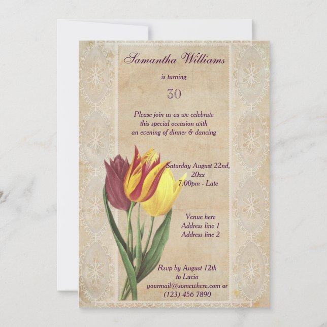 Vintage Tulips & Lilies 30th Birthday Invitation (Back)