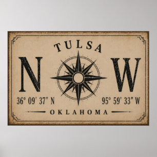 Vintage Tulsa Oklahoma Coordinates Compass Poster