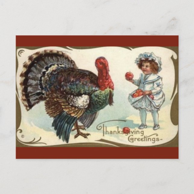 Vintage Turkey and Child With Apples Thanksgiving Postcard (Front)