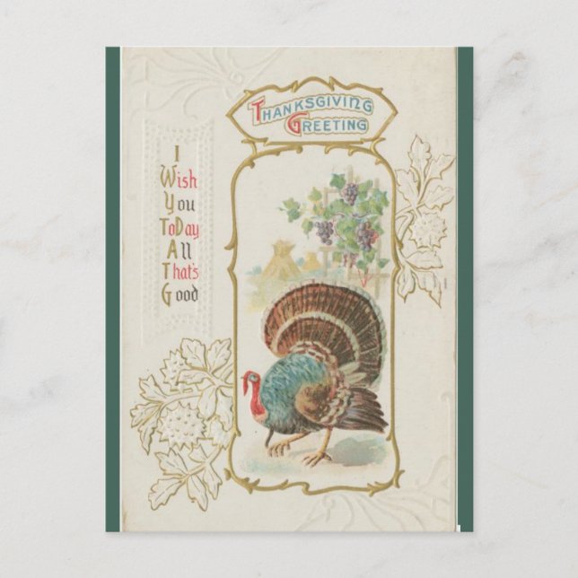 Vintage Turkey and Green Leaves Thanksgiving Postcard (Front)