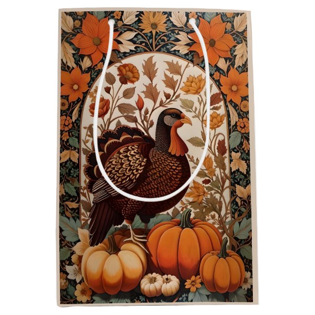 Vintage Turkey and Pumpkins Autumn Medium Gift Bag (Front)