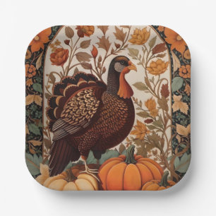 Vintage Turkey and Pumpkins Autumn Paper Plate