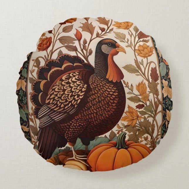 Vintage Turkey and Pumpkins Autumn Round Cushion (Front)