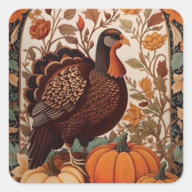 Vintage Turkey and Pumpkins Autumn Square Sticker (Front)