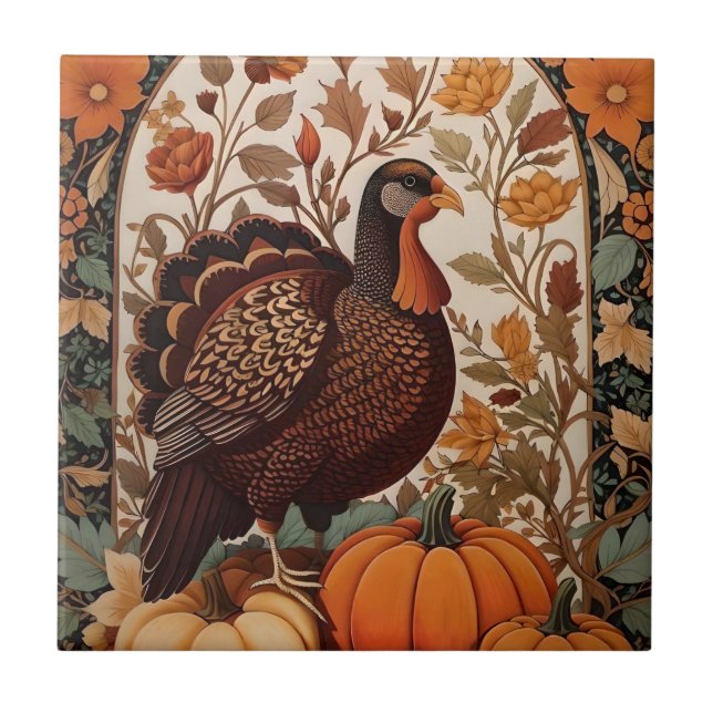 Vintage Turkey and Pumpkins Autumn Tile (Front)