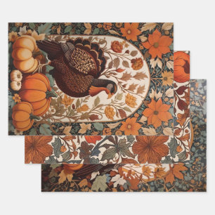 Vintage Turkey and Pumpkins Autumn Wrapping Paper Sheet