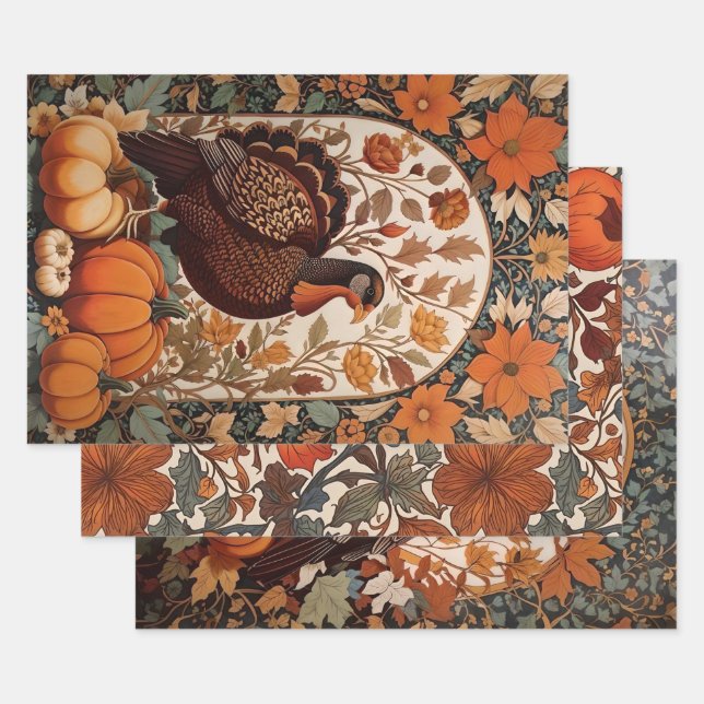 Vintage Turkey and Pumpkins Autumn Wrapping Paper Sheet (Set)