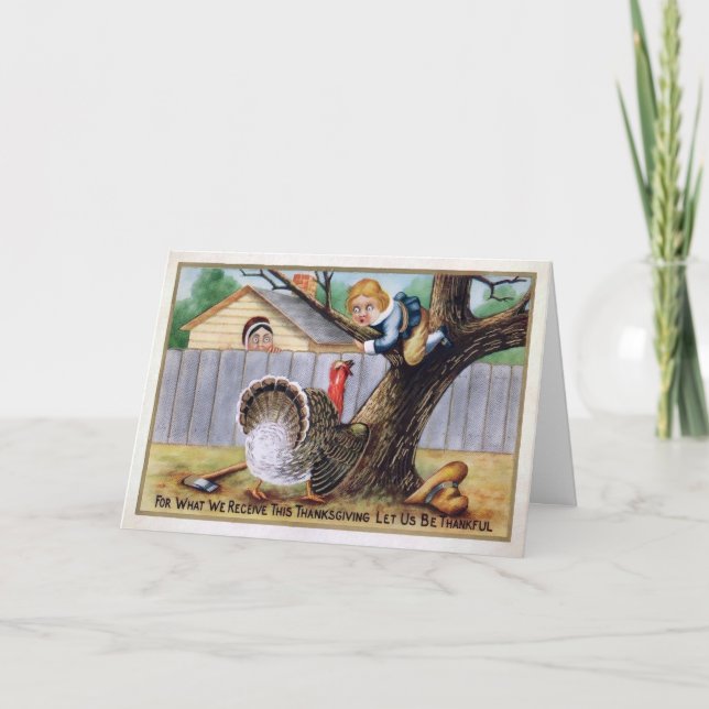 Vintage Turkey Attack Thanksgiving Card (Front)