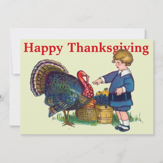 Vintage Turkey & Child Thanksgiving Holiday Card (Front)