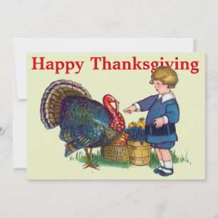 Vintage Turkey & Child Thanksgiving Holiday Card