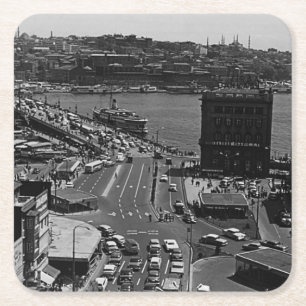Vintage Turkey Istanbul Karakoy Galata bridge 1970 Square Paper Coaster