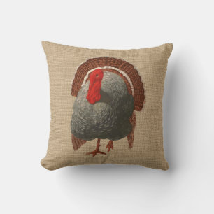 Vintage Turkey Pillow on faux Burlap