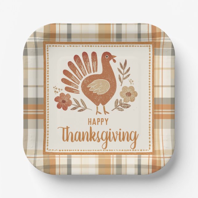Vintage Turkey Plaid Thanksgiving Paper Plate (Front)