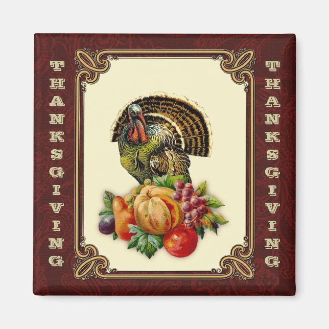 Vintage Turkey & Pumpkin Thanksgiving Gift Magnet (Front)