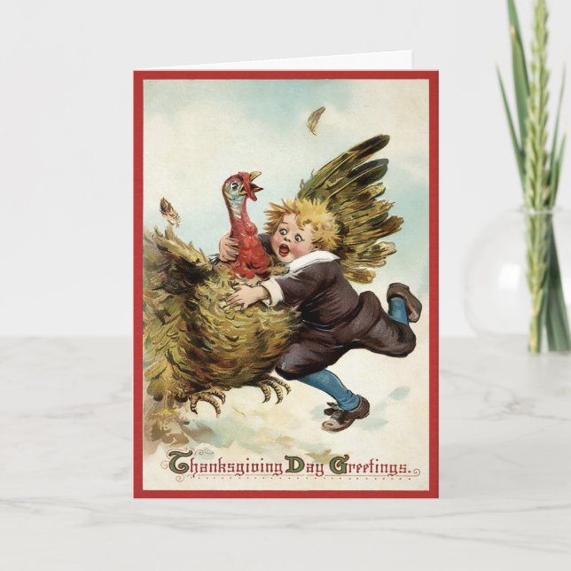Vintage Turkey Tackle Thanksgiving Holiday Card (Front)