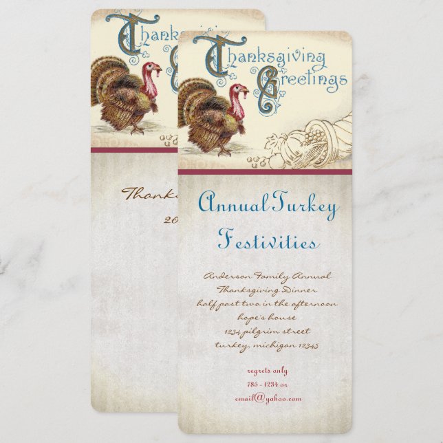 Vintage Turkey Thanksgiving Dinner Invitations (Front/Back)