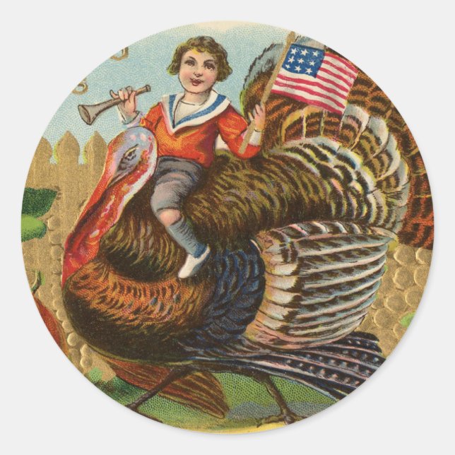 Vintage Turkey Thanksgiving Greetings Classic Round Sticker (Front)