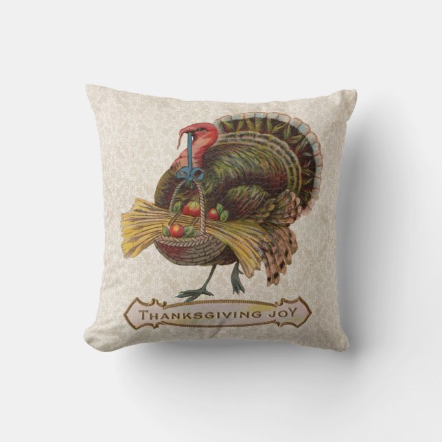 vintage turkey thanksgiving joy throw pillow (Front)