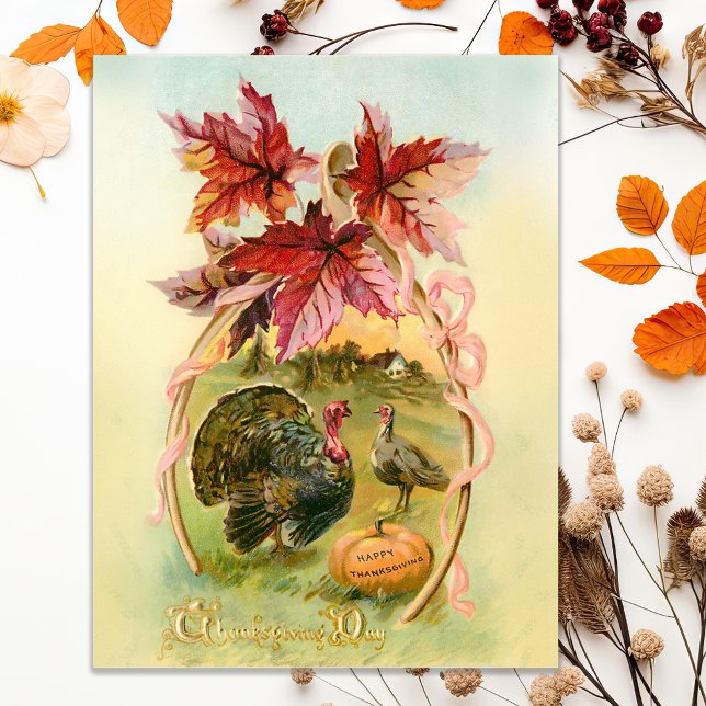 Vintage Turkeys, Wishbone and Autumn Leaves Postcard (Creator Uploaded)