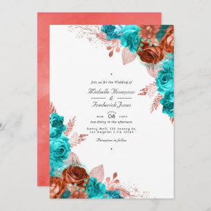 Vintage Turquoise and Coral Floral QR Code Wedding Invitation