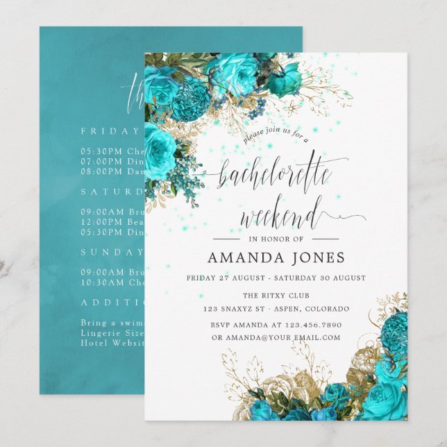 Vintage Turquoise and Gold Bachelorette Weekend Invitation (Front/Back)