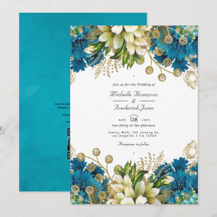 Vintage Turquoise and Gold Chic Floral Wedding Inv Invitation