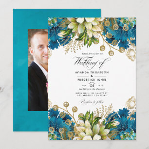 Vintage Turquoise and Gold Chic Floral Wedding Invitation