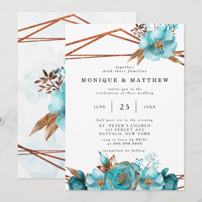 Vintage Turquoise and Gold Peony Geometric  Invita Invitation (Front/Back)