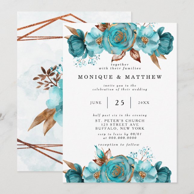 Vintage Turquoise and Gold Peony Geometric  Invita Invitation (Front/Back)