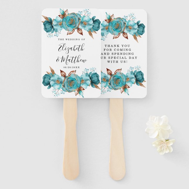 Vintage Turquoise and Gold Peony Wedding Hand Fan (Front and Back)