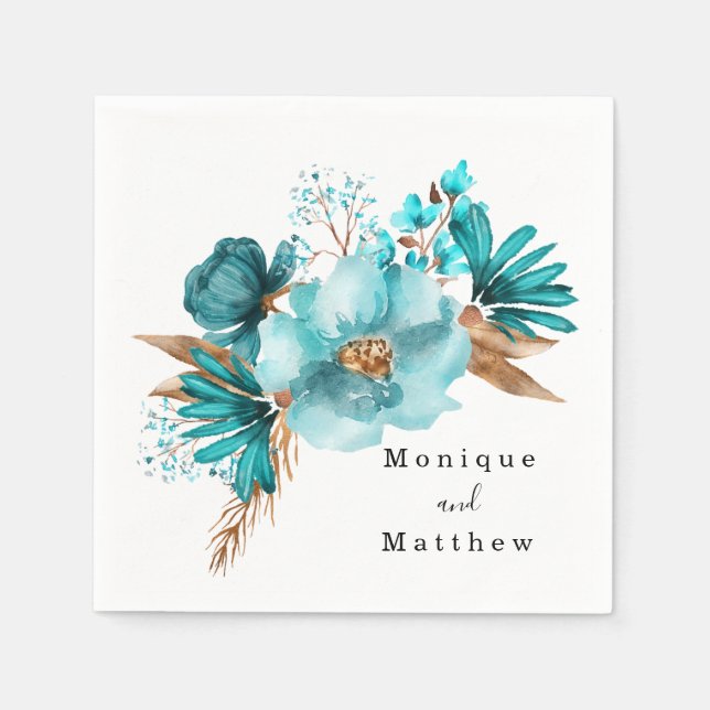 Vintage Turquoise and Gold Peony Wedding Napkin (Front)