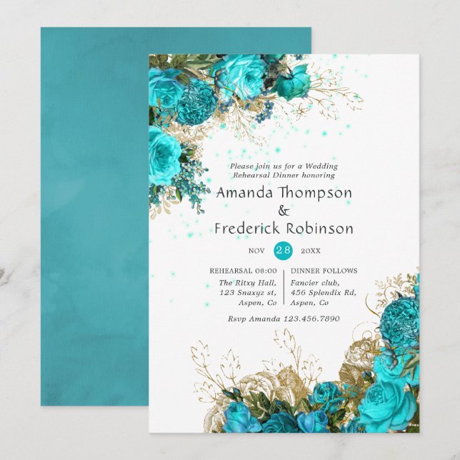 Vintage Turquoise and Gold Rehearsal Dinner Invitation (Front/Back)