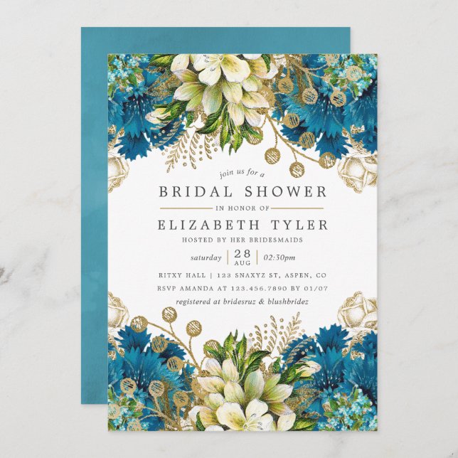 Vintage Turquoise and Gold Shabby Bridal Shower Invitation (Front/Back)