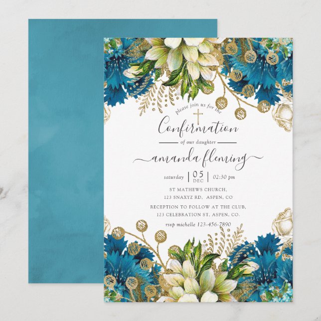 Vintage Turquoise and Gold Shabby Confirmation Invitation (Front/Back)