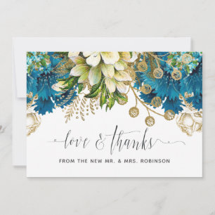Vintage Turquoise and Gold Shabby Floral Wedding Thank You Card