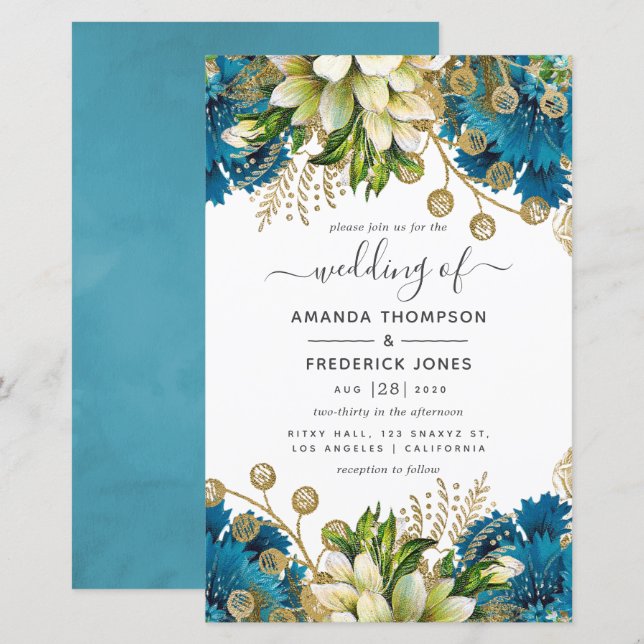 Vintage Turquoise and Gold Shabby Wedding Invite (Front/Back)