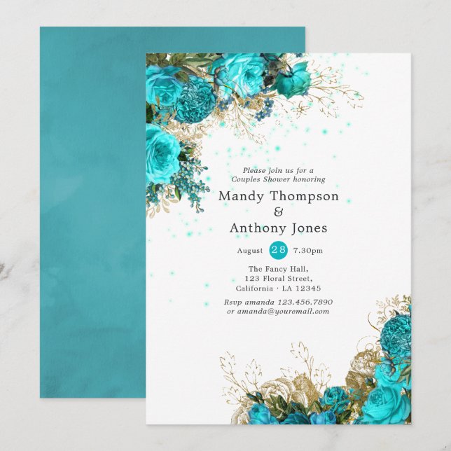 Vintage Turquoise and Gold Shabby Wedding Shower Invitation (Front/Back)