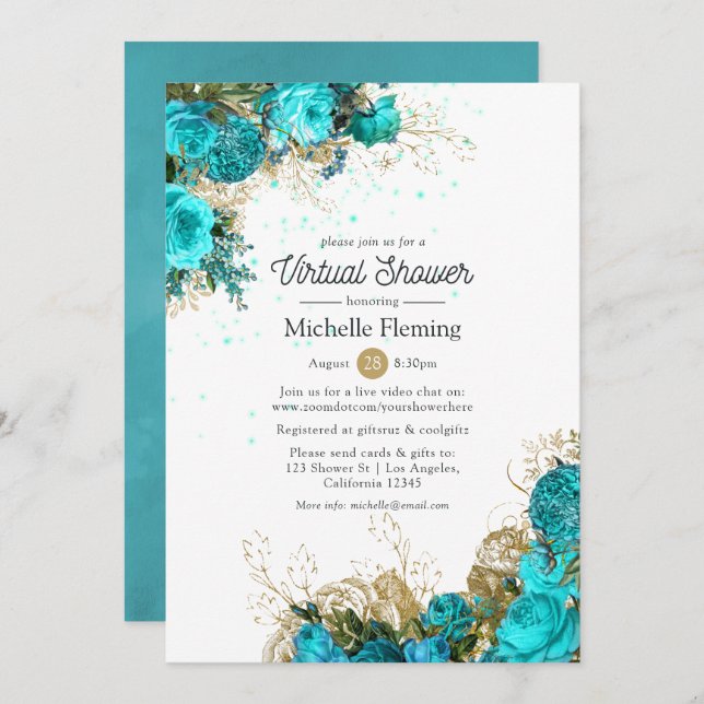 Vintage Turquoise and Gold Virtual Shower Invitation (Front/Back)