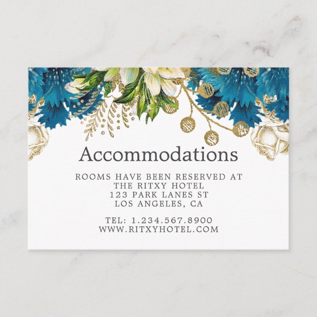 Vintage Turquoise and Gold Wedding Accommodations Enclosure Card (Front)